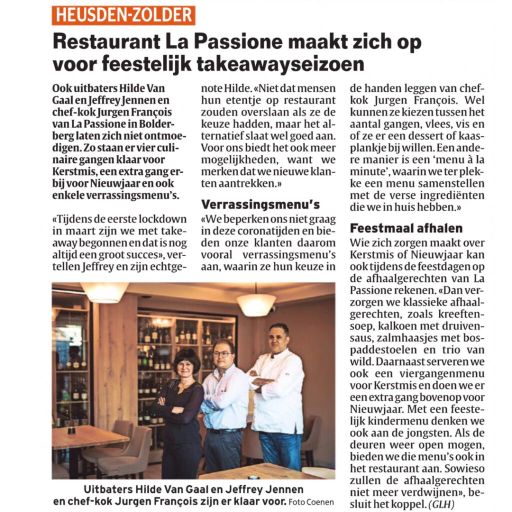 Restaurant La Passione in de pers met takeaway feestdagen